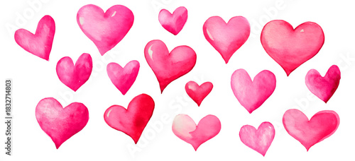 Pink watercolor hearts illustrating love and romance, creating a sweet and delicate design element for valentine's day, weddings, or celebratory events