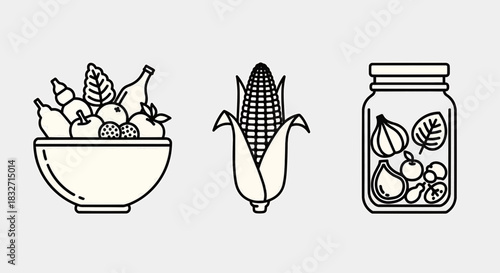 Fresh Harvest Bounty A Bowl of Fruits, Corn on the Cob, and Pickled Vegetables in a Jar