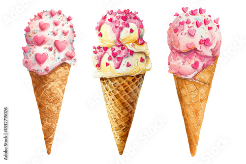 Ice cream cones with romantic heart sprinkles and pink syrup, celebrating love and sweetness, perfect for valentine's day dessert or special occasion treats, watercolor art on transparent background