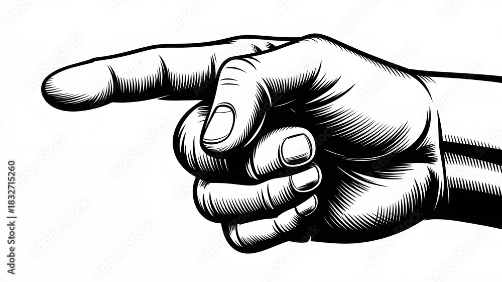 Fototapeta premium Black and white hand pointing left engraved style finger