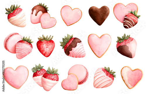 Watercolor assortment of strawberries dipped in white and dark chocolate, pink heart cookies and pastel macarons, romantic dessert collection for valentine's and special occasions