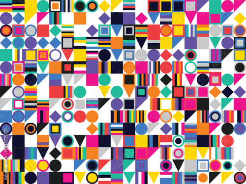 Retro Memphis Style Geometric Abstract Pattern Background: Vibrant Circles, Squares, and Triangles for Modern Design
