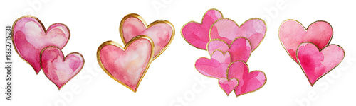 Pink watercolor hearts with shimmering gold outlines clustered in romantic pairs and arrangements, perfect for valentines day cards, wedding invites, and love themed designs