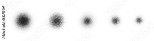 Stipple dot patterns and spray texture set create distressed grunge effect. Brush splatter marks, grain noise, scattered particles, halftone circles for vintage print and abstract backgrounds.