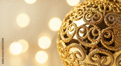 Macro Gold Glitter Ornament With Left Copy Space
