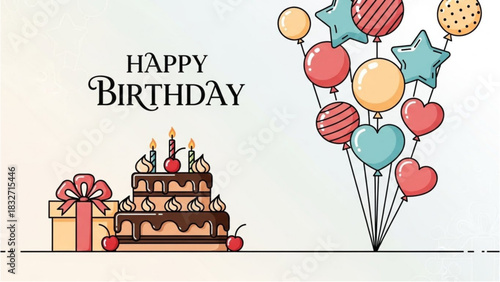 Festive birthday greeting card design with a tiered chocolate cake, a wrapped gift, and colorful balloons