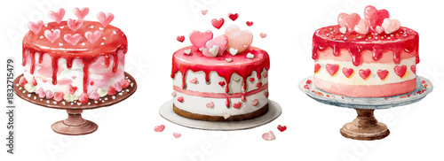 Valentine's heart shaped cakes with dripping pink icing and tiny heart sprinkles, sweet romantic desserts on transparent background for love themed celebrations and special occasions