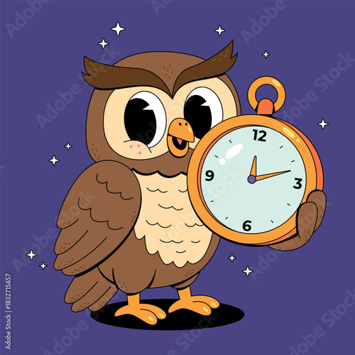 Cartoon Owl Holding a Golden Pocket Watch