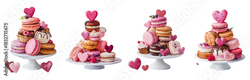 Delicate watercolor dessert towers displaying sweet macarons, cupcakes, and cookies topped with pink hearts, symbolizing love and romance for valentine's day celebrations