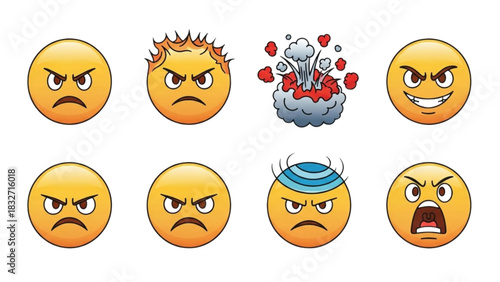 Set of expressive angry face icons from annoyed to explosive rage