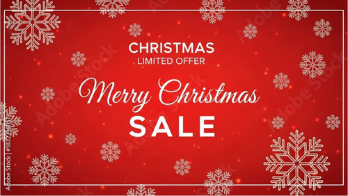 Festive Christmas Sale Banner Limited Offer with Snowflakes and Red Background