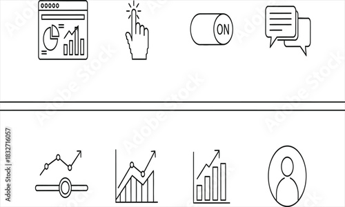 A collection of modern vector line icons for web dashboards, data analysis, and user interface elements