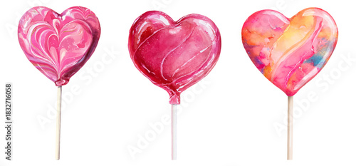 Watercolor heart lollipops offering sweet romantic love and affection for valentine's day, anniversaries, and special celebratory occasions, isolated on transparent background