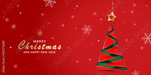 Christmas banner featuring a paper-cut style tree, golden hanging star and falling snowflakes on a luxurious red background. A festive modern design perfect for holiday greetings and decoration.