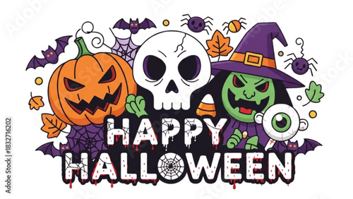 Playful Halloween Greeting Design with Classic Spooky Elements and Holiday Text
