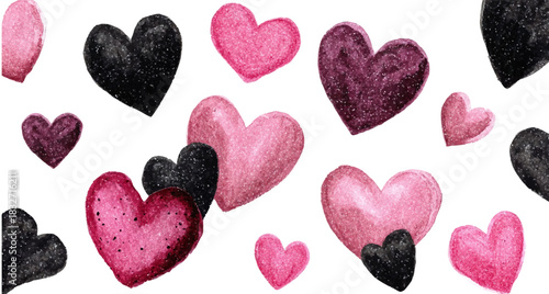 Hearts pattern in watercolor, depicting love and romance for valentine's day, anniversaries, and abstract design backgrounds, painted in shades of pink, black, and purple