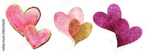 Watercolor and glitter hearts in shades of pink, gold, and magenta portraying love, romance, and celebration, ideal for valentine's day, wedding, or anniversary designs