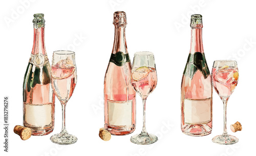 Watercolor illustration featuring three sets of uncorked rose sparkling wine bottles and filled champagne flutes, creating a festive and romantic atmosphere for celebrations
