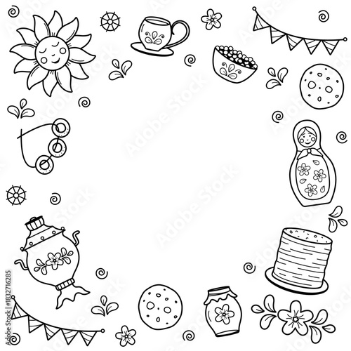 Maslenitsa is a traditional holiday marking the end of winter. Vector doodle illustration of pancakes, samovar, matryoshka, sun, cockerel. Shrovetide.