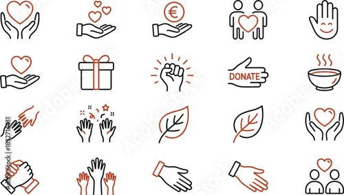 Charity, Donation, and Volunteering Icon Set: Line Icons of Hands, Heart, Gift, Money, Nature, Community, and Solidarity for Humanitarian Help