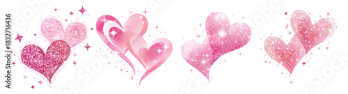 Pink watercolor heart illustrations with glitter and sparkle details creating romantic and elegant decorative elements for valentine's day celebrations