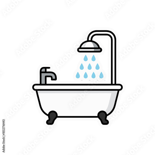 Vintage Bathtub With Shower Head And Water Droplets In A Minimalist Flat Vector Style On A Black Background