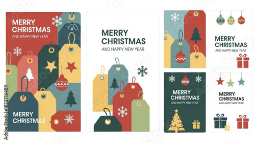 Merry Christmas and Happy New Year gift tags and festive icons