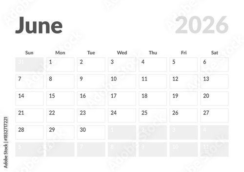 Monthly page Calendar Planner Template design of June 2026. Vector layout of calendar with week start Sunday for Scheduling. Page for size A4 or 21x29.7 cm