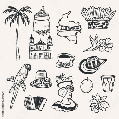 Hand drawn Colombia elements collection