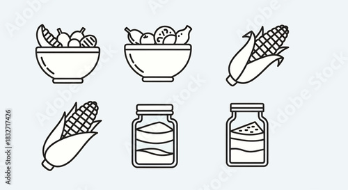 A collection of simple line illustrations depicting corn in various forms and containers.