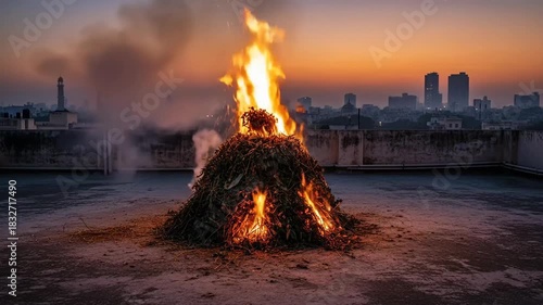 Holika Dahan Ritual for Chhoti Holi Celebrated on a Rooftop with City Skyline Sunset Background