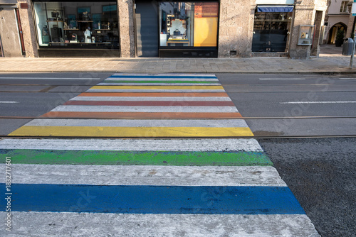 Colorful painted pedestrian crossing on urban street in Innsbruck Austria