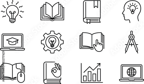 Education and Knowledge Icons Set: Learning, Engineering, Science, Study, and Idea Generation — Outline Symbols for Online Courses, University, and Innovation
