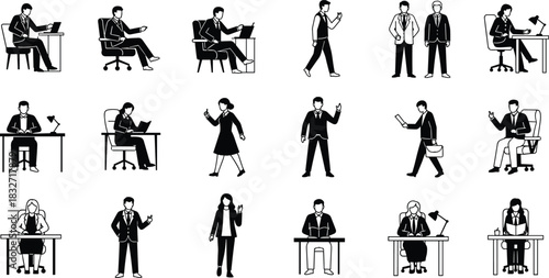 Business professional silhouette collection showing office workers in various working, walking, reading and communication poses for corporate design projects