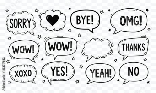 Collection of hand drawn black and white speech bubbles with words and symbols on a transparent background