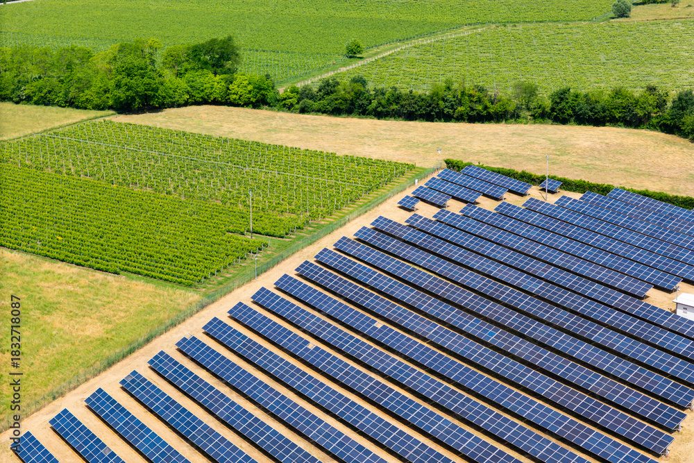 Fototapeta premium Sustainable agriculture and solar energy meet in Verona province. Part of Europe renewable energy transition effort