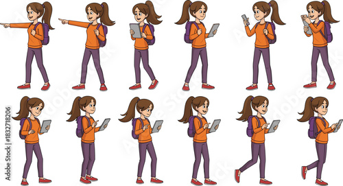 Animated schoolgirl using digital tablet and smartphone in various walking and standing poses, educational technology concept with modern character illustrations