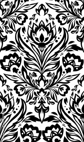 Vector monochrome floral pattern with tracery flowers on white background. Decorative seamless texture with black silhouette stylized flowers