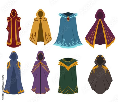 Vector set of fantasy cloaks in various styles. A collection of wizard clothing for games and concept art. Clipart images of sorcerer costumes