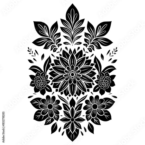 Vector monochrome floral illustration with flowers and leaves. Symmetrical folk art style. Black silhouette of chamomile