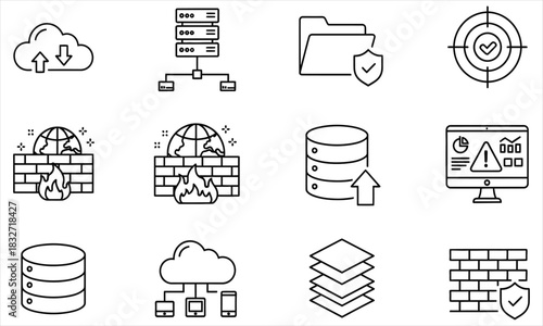 Essential Cybersecurity and Cloud Computing Icons Protecting Data in a Digital World