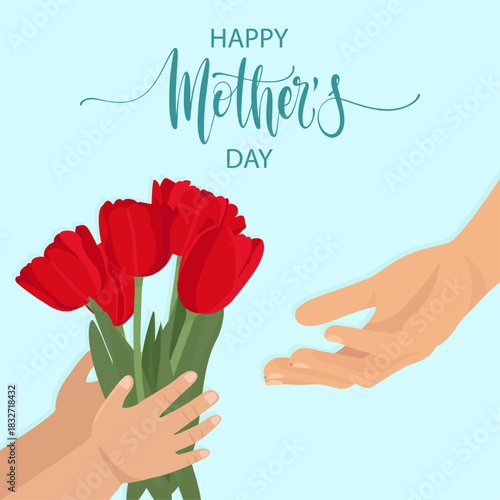 Happy mother's day card kid hands giving red tulips flowers to mom's hands 8th march greeting card