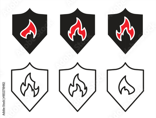 Shield icon set with fire symbol. Vector fire shield. Vector shield icon. Protection icon. Vector shield icon.