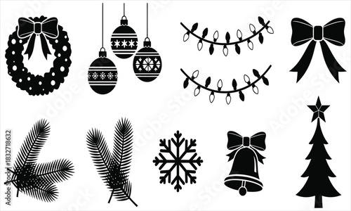 Christmas Decorations Wreath, Ornaments, Lights, and Festive Holiday Symbols
