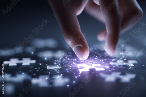 Hand Placing Glowing Puzzle Piece in Futuristic Digital Concept