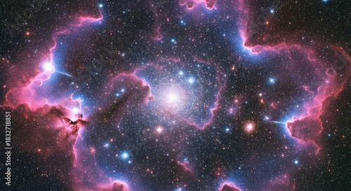 Cosmic nebula featuring bright stars, surrounded by glowing red and blue nebulosity
