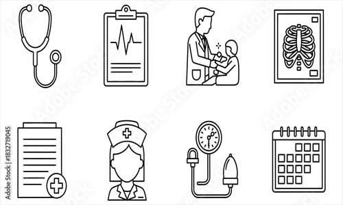 Essential Healthcare Line Art Vector Icons A comprehensive collection illustrating medical professionals, diagnostic tools, patient care, and administrative tasks in a modern outline style