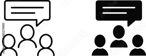  Group Discussion and Brainstorming Icon Set: Outline and Solid Pictograms Representing Team Collaboration, Conversation, and Social Communication