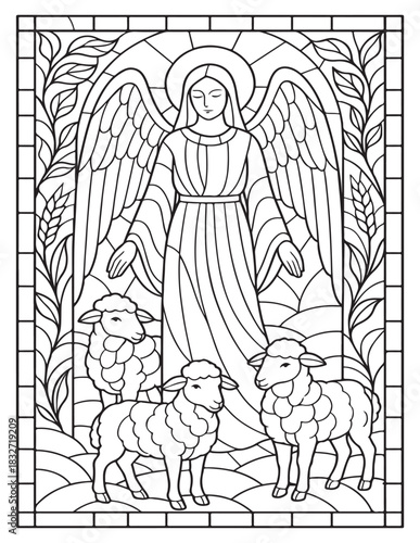 Stained glass style outline of angel and sheep.