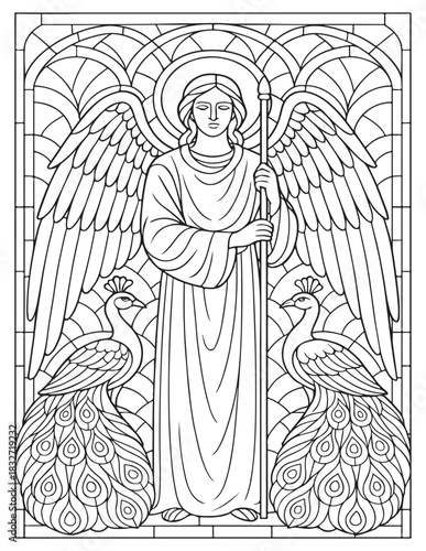 Coloring page of an archangel with peacocks, intricate. |Stained glass style
